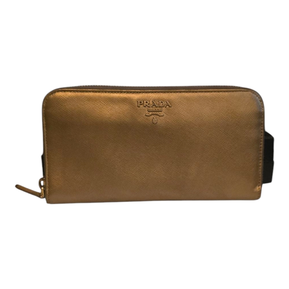 Prada Gold Leather Wallet with Zip-Around Closure